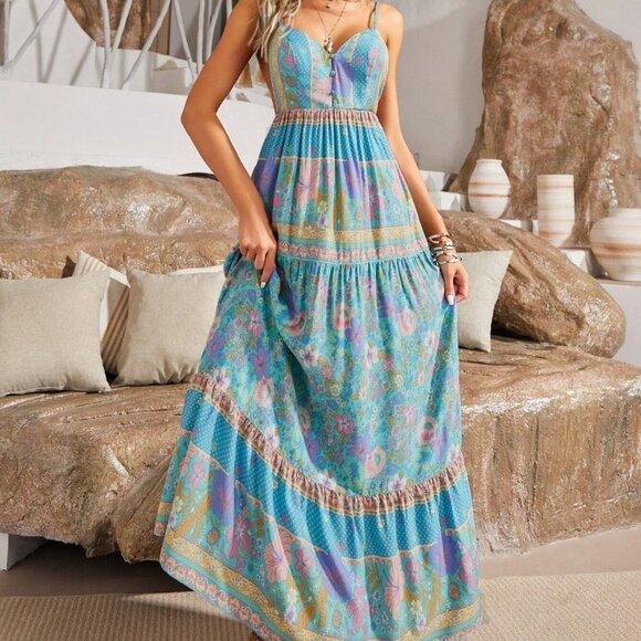 Blue Boho Womens Floral Print Ruffle Hem Cami Dress - Picture 4 of 5